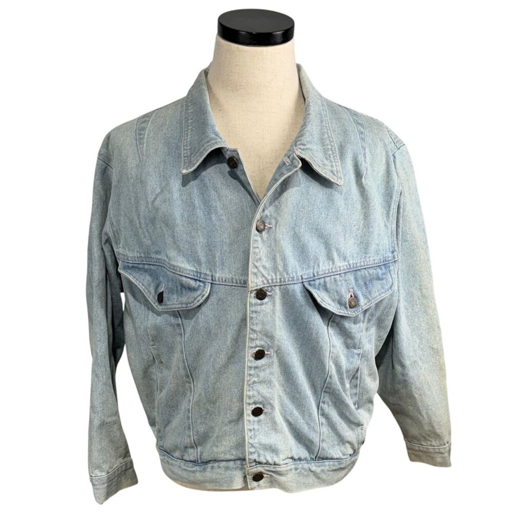 Vintage Uniform Blues Denim 80's Jacket Large Button-Up Light Wash Distressed